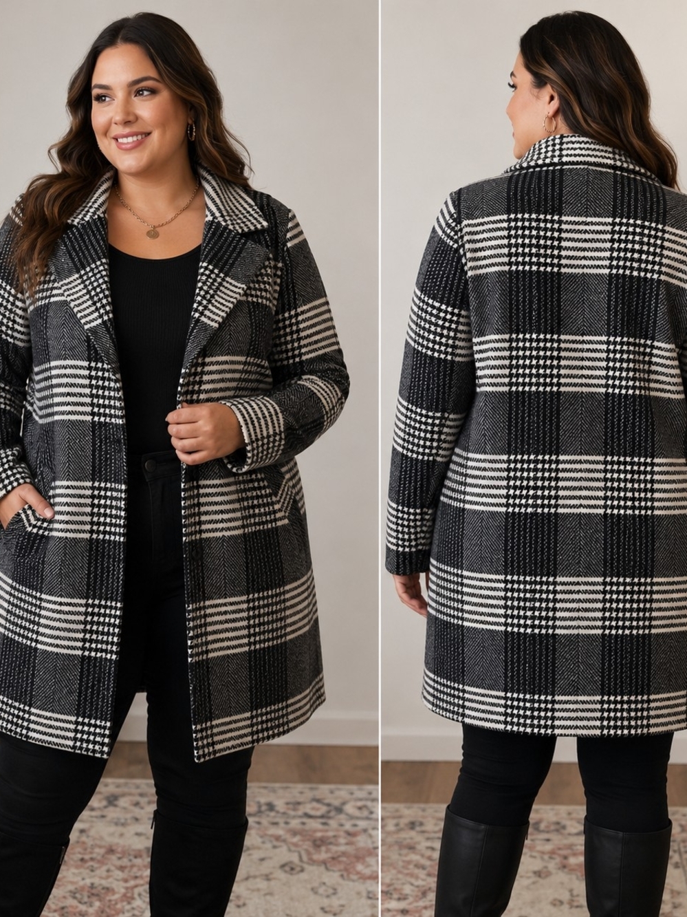 APT. 9 Black & White Plaid Long Coat Jacket XL | Open Front Winter Layer